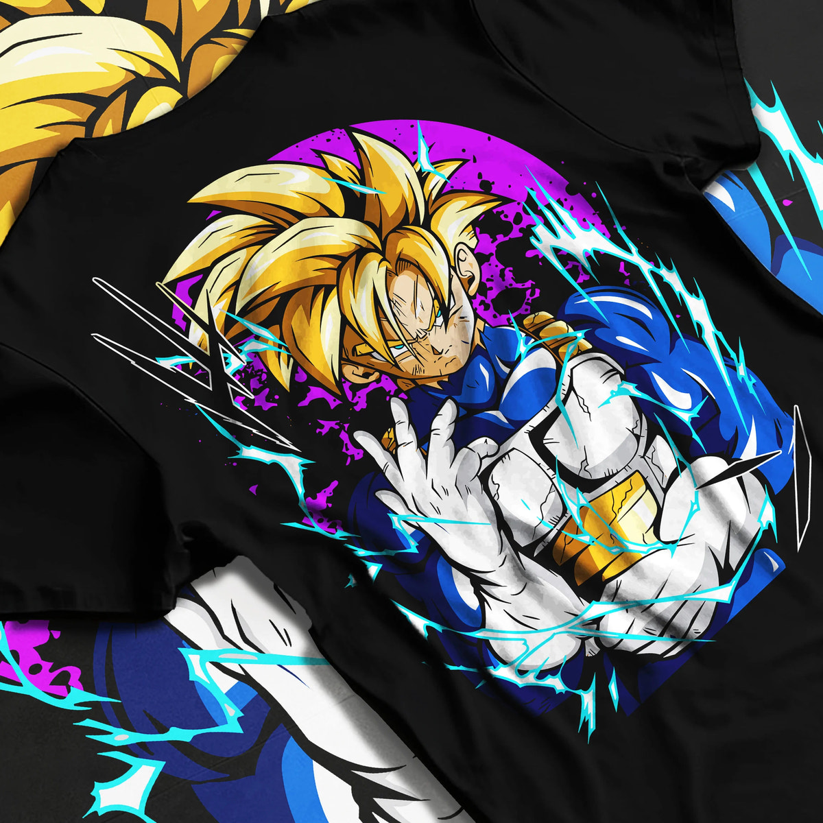 Black T-shirt flat back view showing Gohan from Dragon Ball: Saiyan power portrait