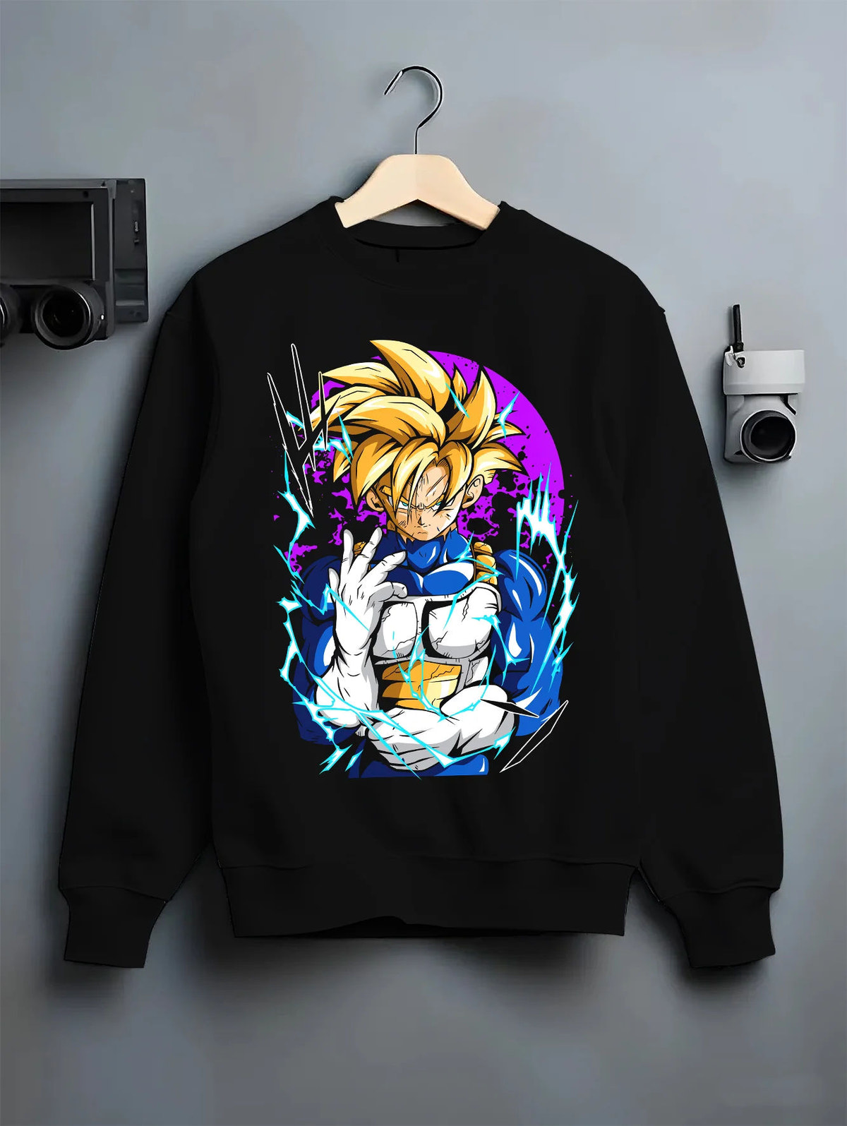Black crewneck sweatshirt on hanger showing Gohan from Dragon Ball: Saiyan power portrait