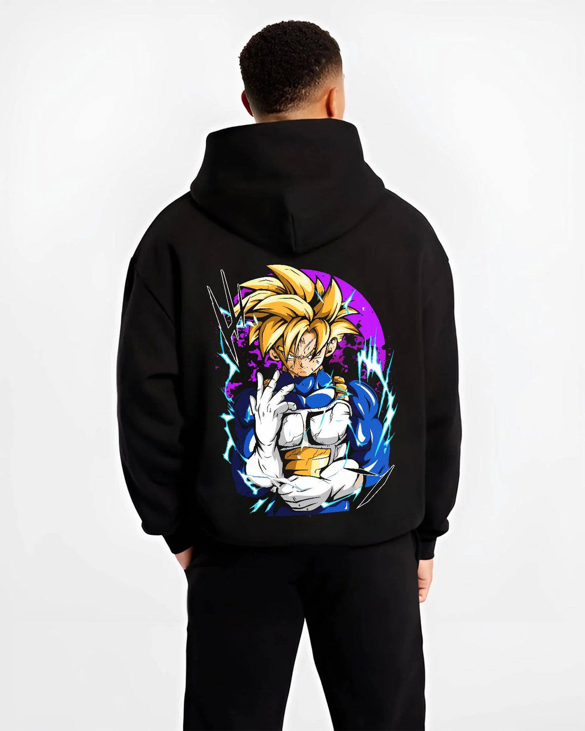 Black hoodie worn by male model from the back featuring Gohan Beast Dragon Ball ultimate power artwork.