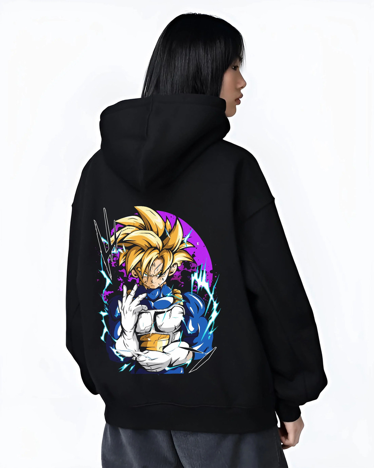 Black hoodie worn by female model from the back featuring Gohan Beast Dragon Ball ultimate power artwork.