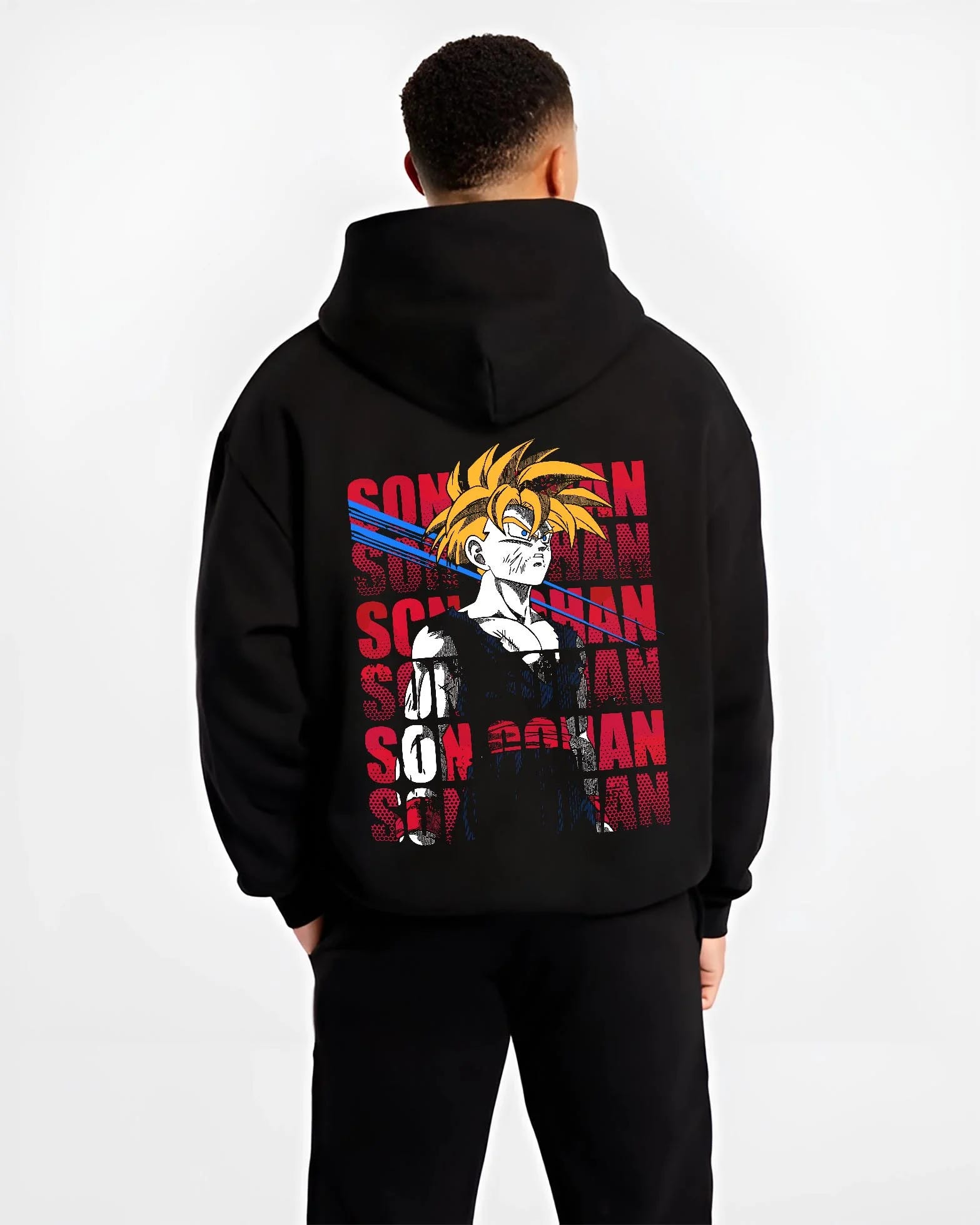 Black hoodie worn by male model, back view with Gohan Hoodie Dragon Ball Z Super Saiyan Rage Form graphic bold anime graphic.