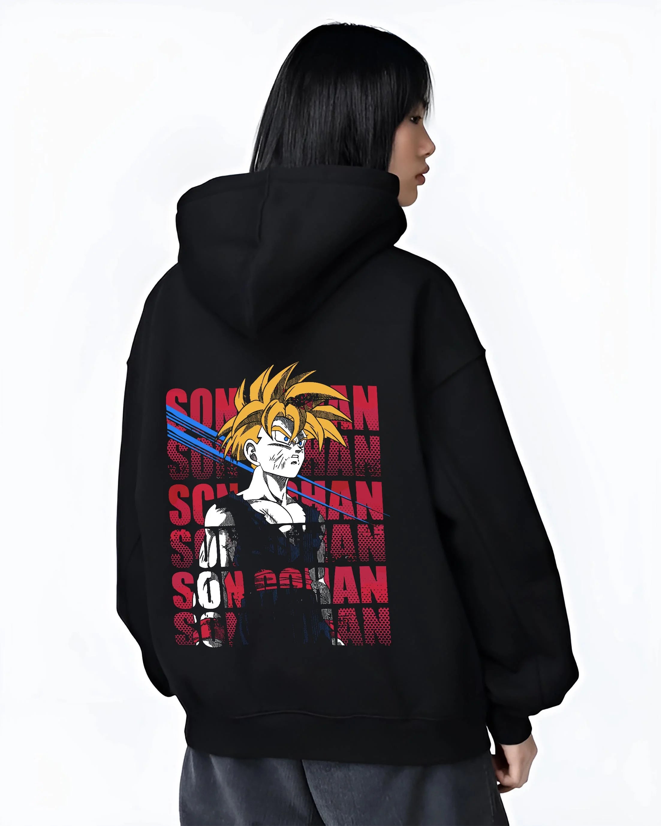 Black hoodie worn by female model, back view with Gohan Hoodie Dragon Ball Z Super Saiyan Rage Form graphic Gohan anime design.