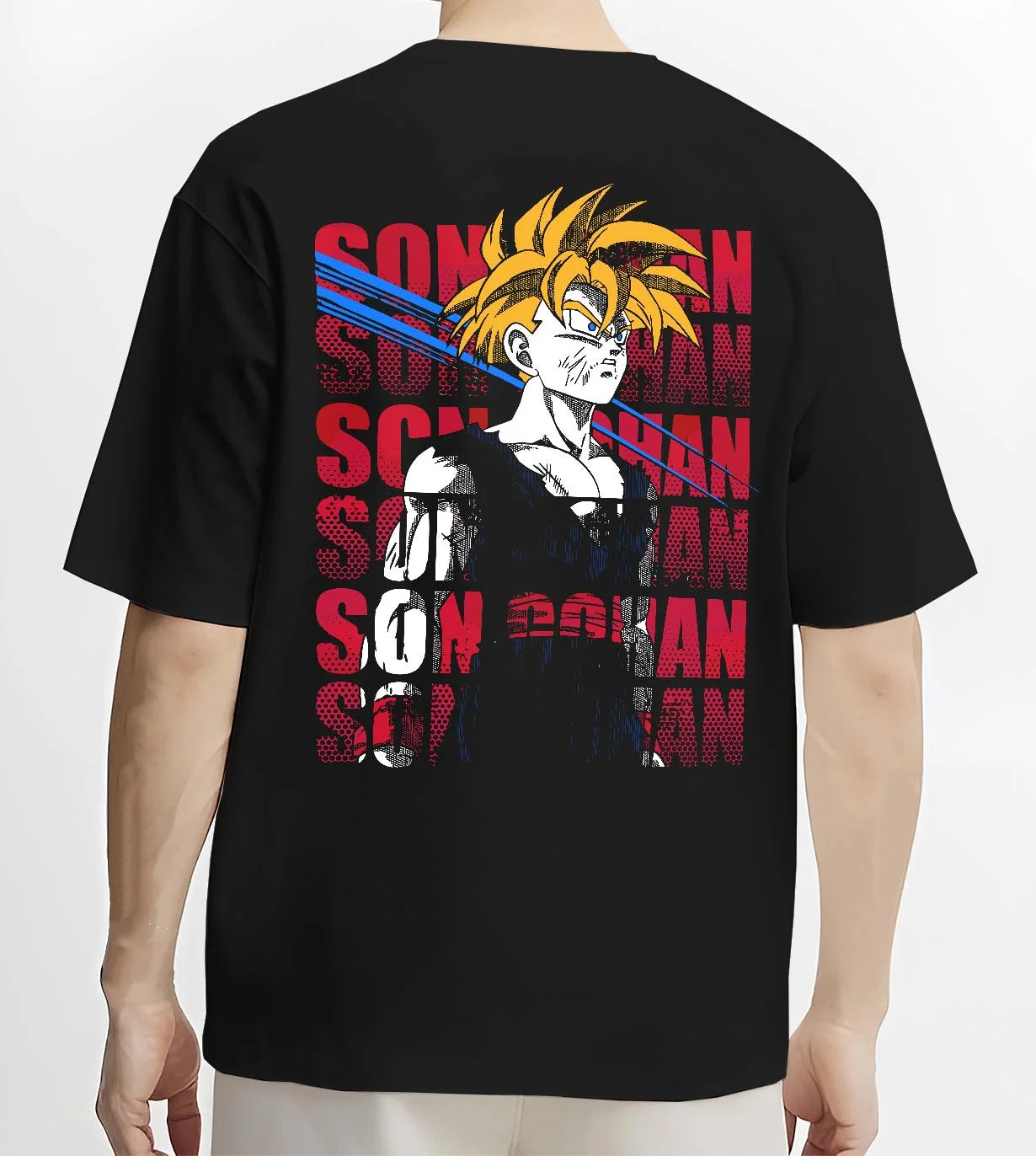 Black T-shirt worn by male model, back view with Gohan Hoodie Dragon Ball Z Super Saiyan Rage Form graphic premium wear.