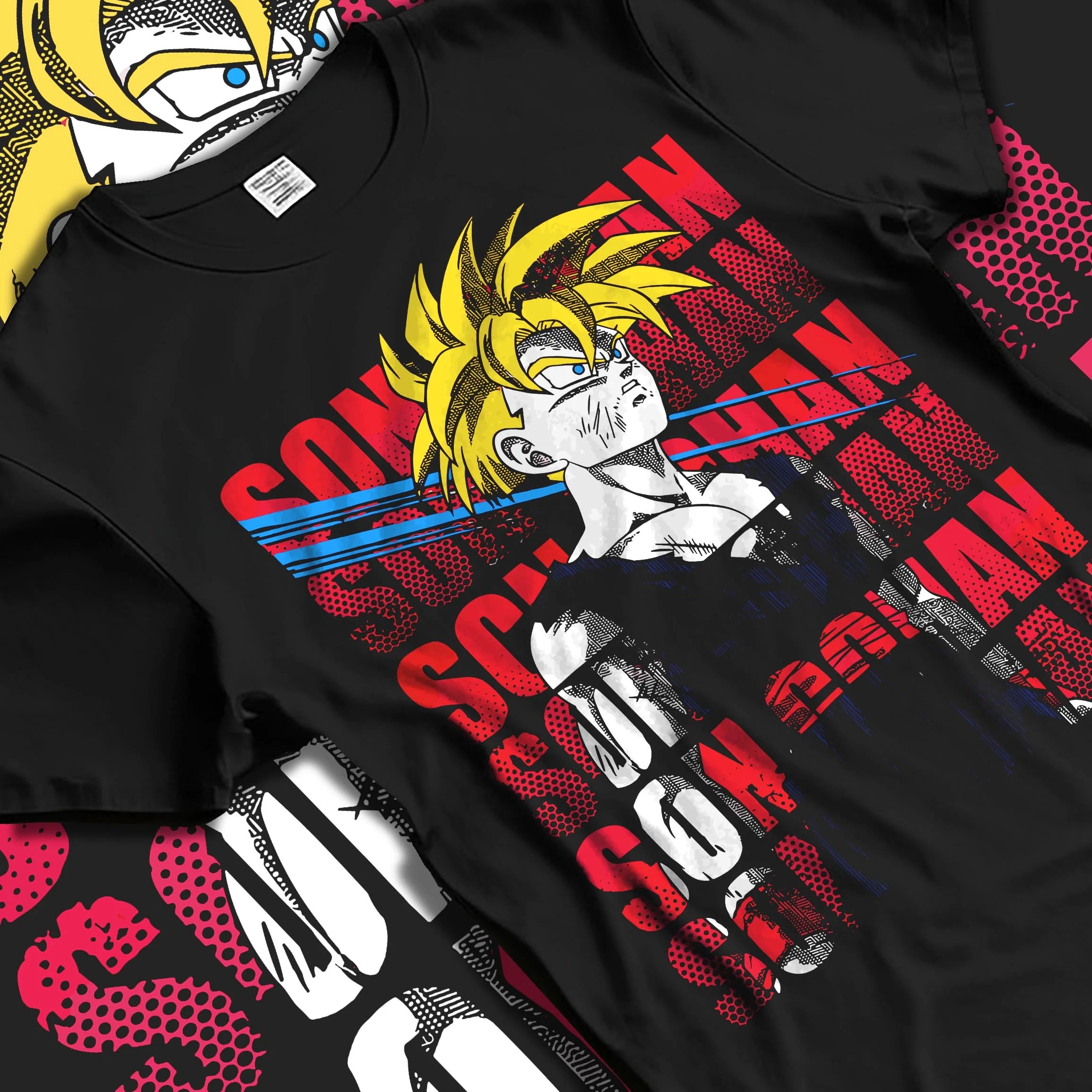 Black T-shirt laid flat with natural folds with Gohan Hoodie Dragon Ball Z Super Saiyan Rage Form graphic streetwear graphic.