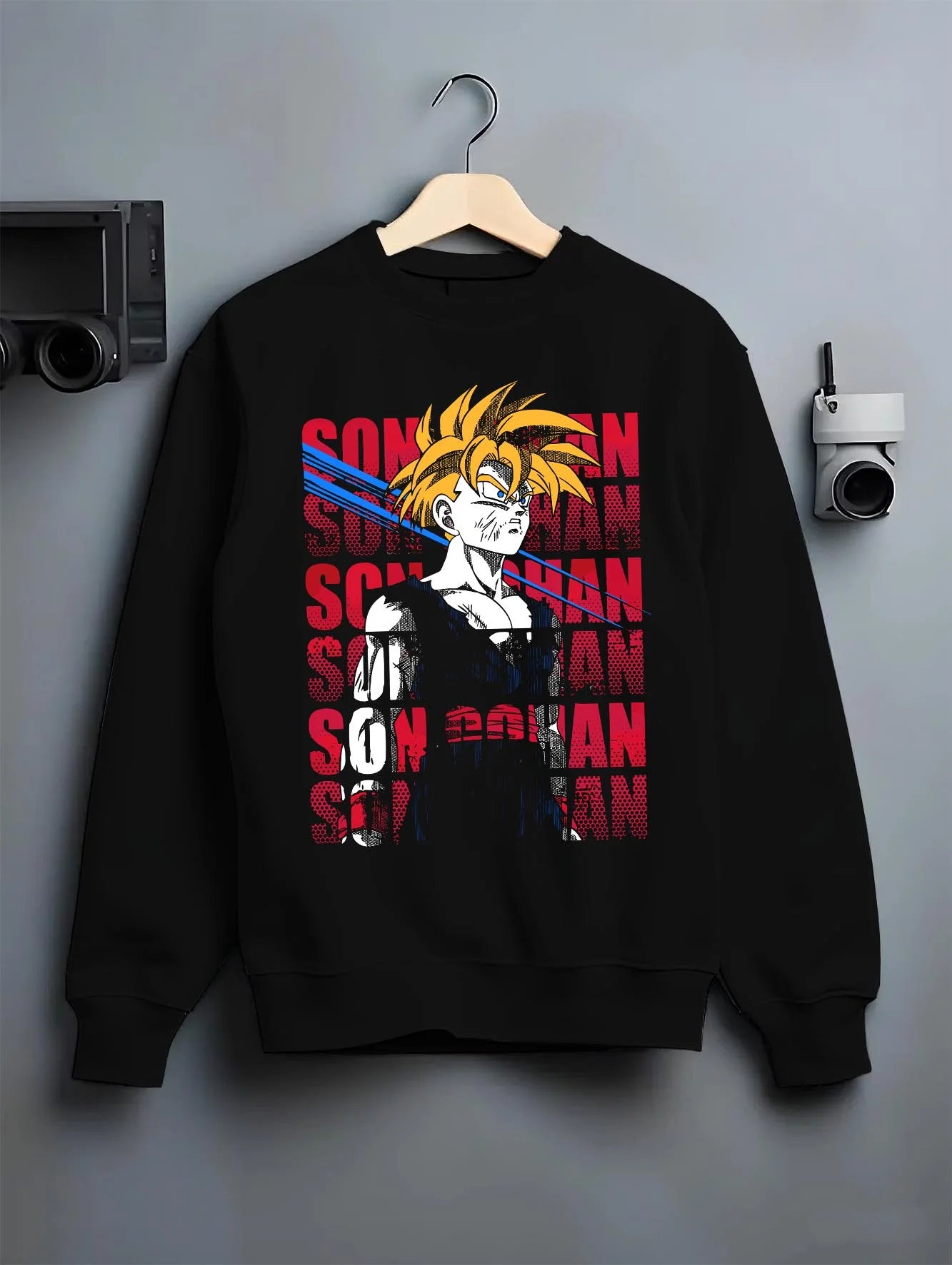 Black crewneck sweatshirt on hanger with Gohan Hoodie Dragon Ball Z Super Saiyan Rage Form graphic premium wear.