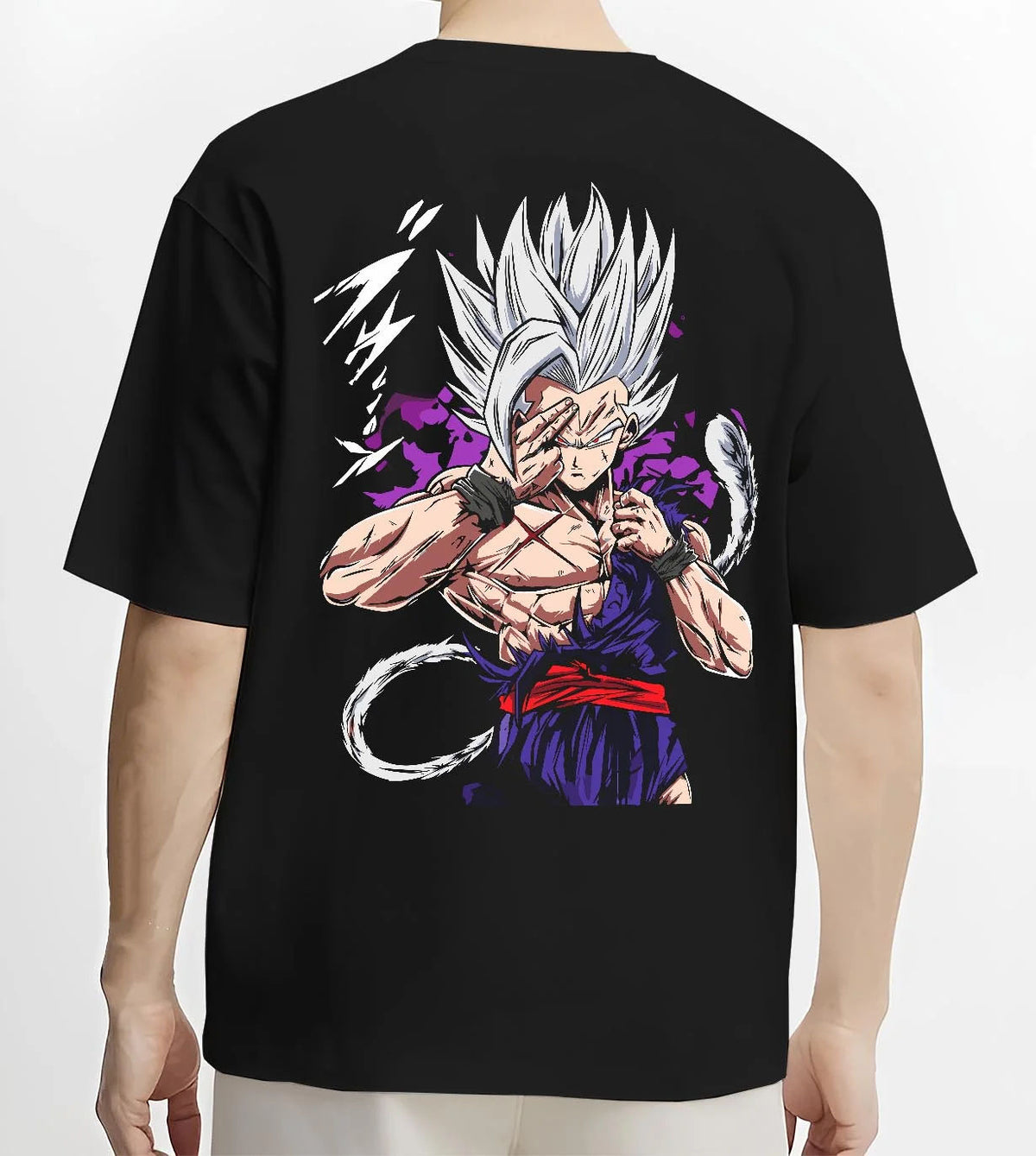 Black T-shirt worn by male model from the back featuring Gohan Dragon Ball energy wave battle artwork.