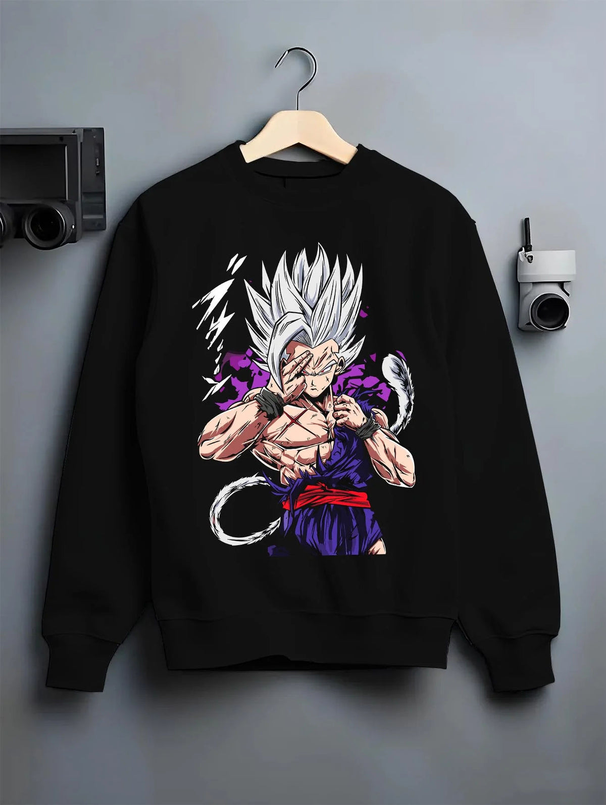 Black crewneck sweatshirt on hanger featuring Gohan Dragon Ball energy wave battle artwork.