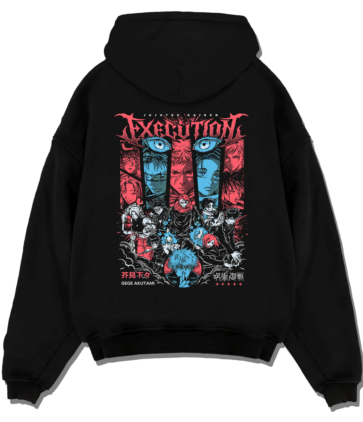 Black hoodie flat back view showing Jujutsu Kaisen: Execution arc character montage