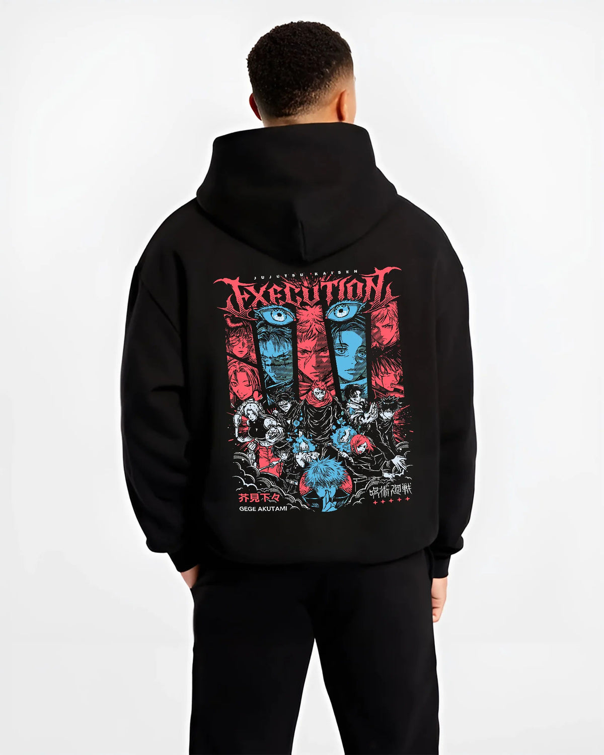 Black hoodie model back view showing Jujutsu Kaisen: Execution arc character montage