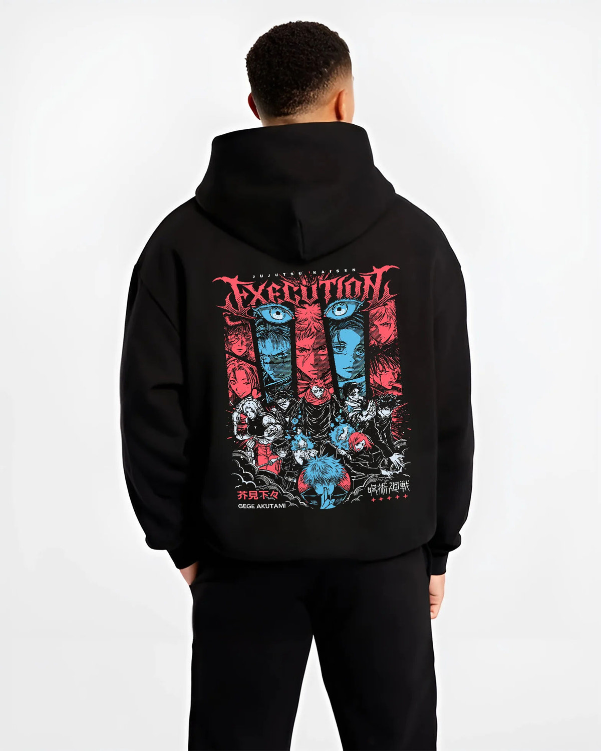 Black hoodie model back view showing Jujutsu Kaisen: Execution arc character montage
