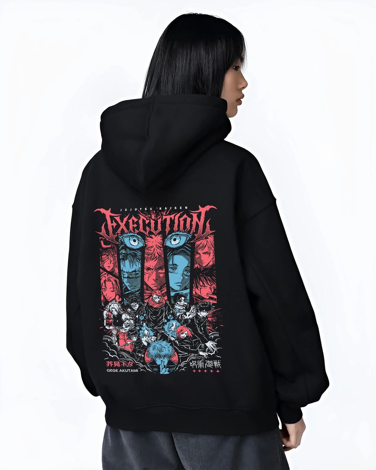 Black hoodie female model back view showing Jujutsu Kaisen: Execution arc character montage