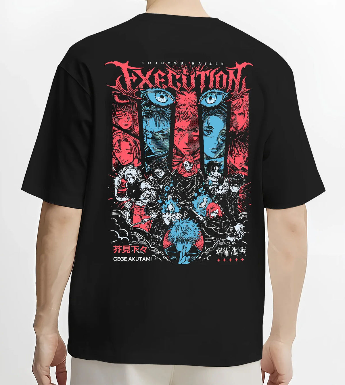 Black T-shirt model back view showing Jujutsu Kaisen: Execution arc character montage