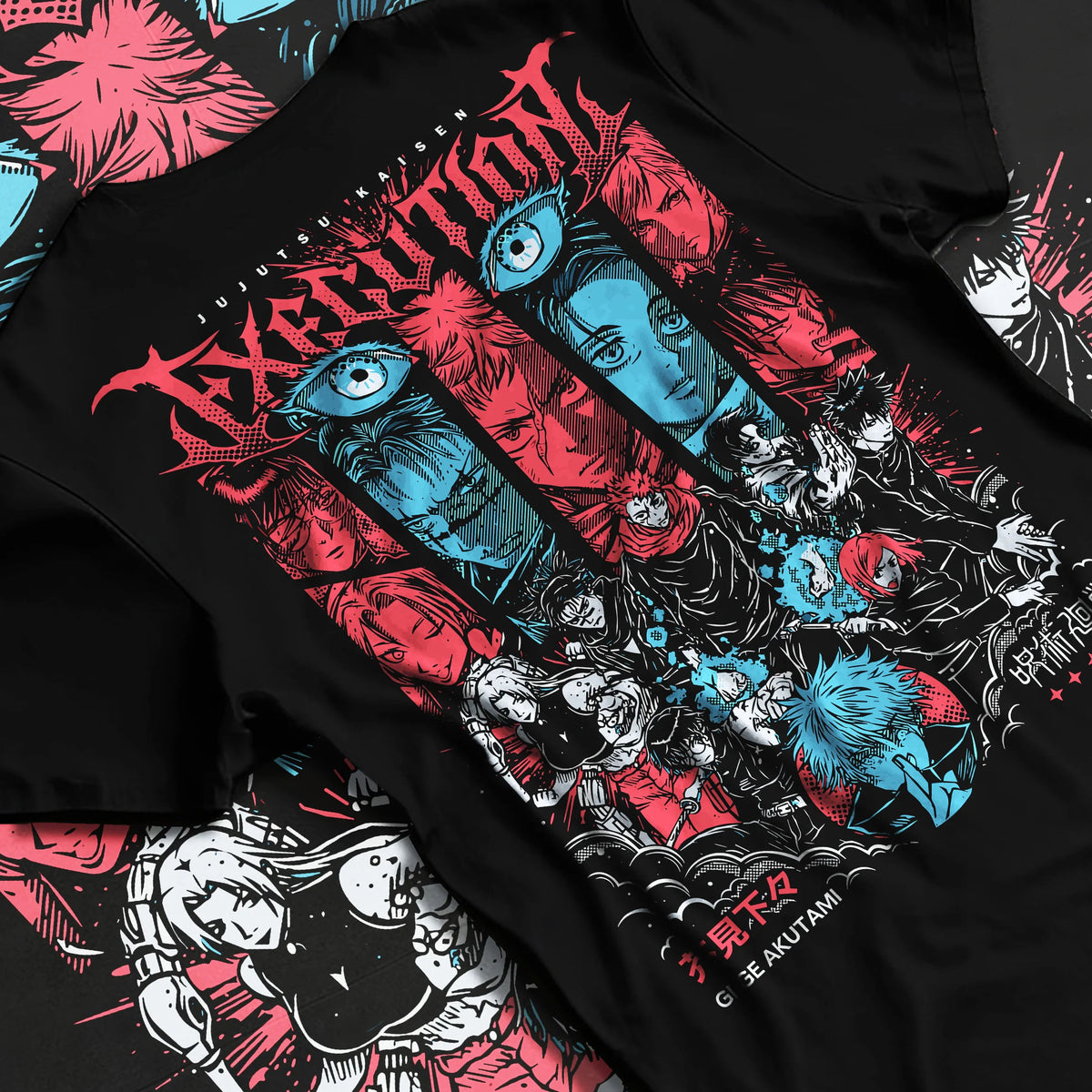 Black T-shirt flat back view showing Jujutsu Kaisen: Execution arc character montage
