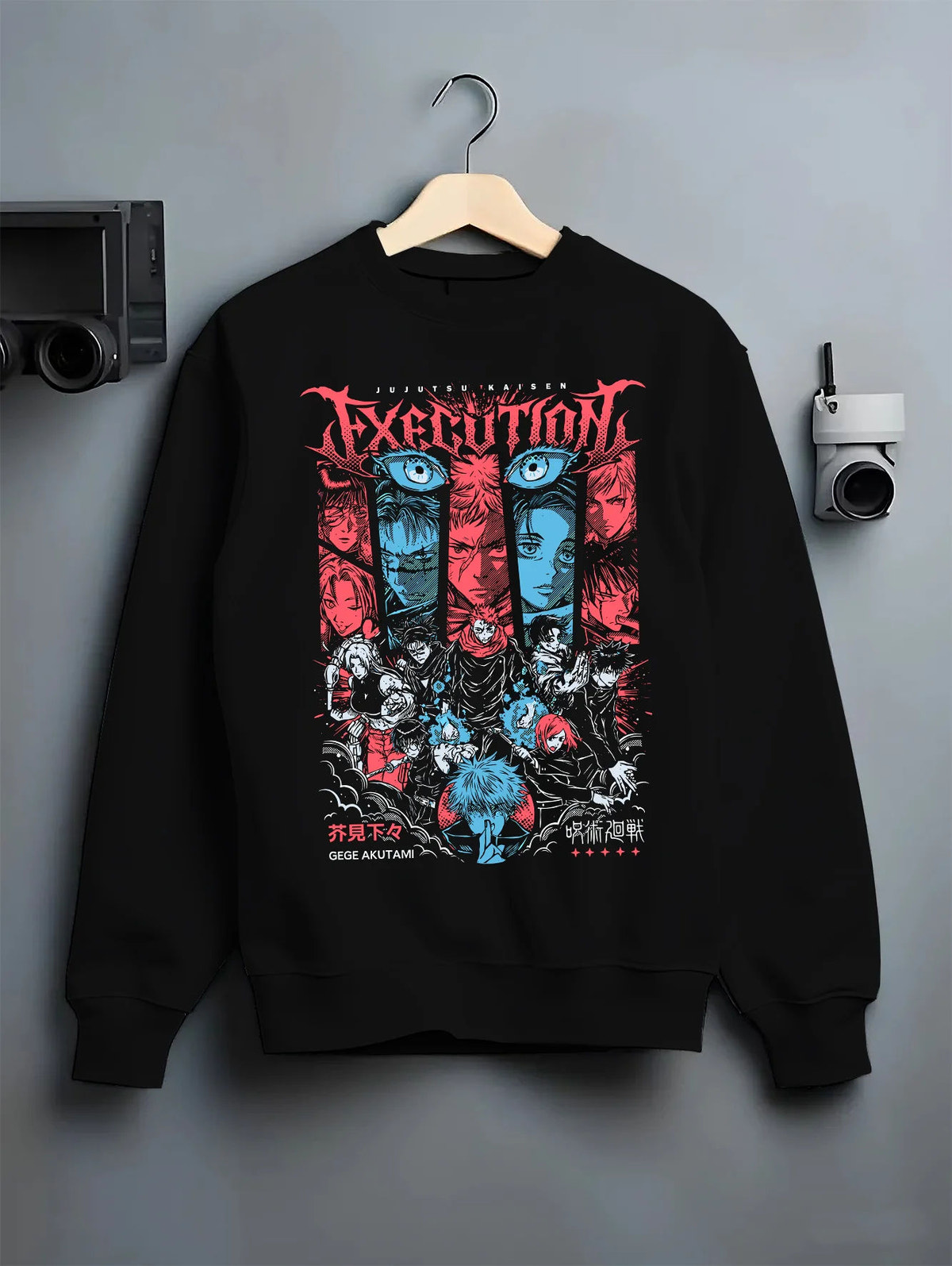Black crewneck sweatshirt on hanger showing Jujutsu Kaisen: Execution arc character montage