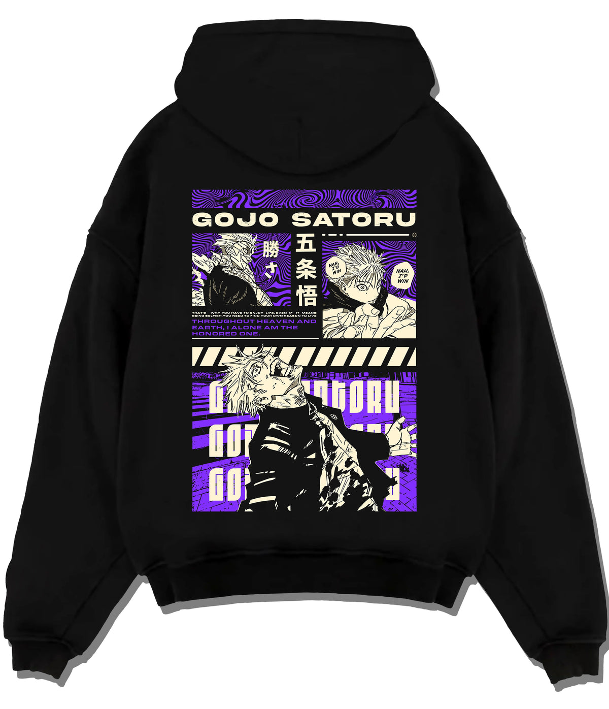 Black hoodie flat back view showing Satoru Gojo from Jujutsu Kaisen: purple manga poster