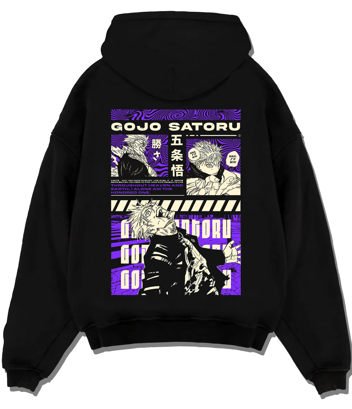 Black hoodie flat back view showing Satoru Gojo from Jujutsu Kaisen: purple manga poster