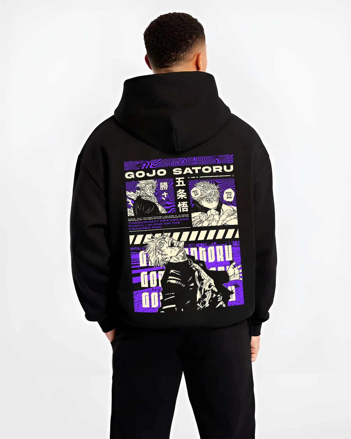 Black hoodie model back view showing Satoru Gojo from Jujutsu Kaisen: purple manga poster