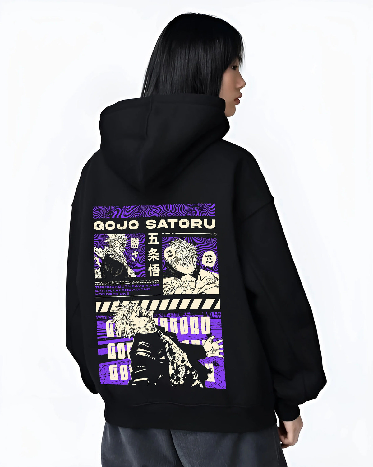 Black hoodie female model back view showing Satoru Gojo from Jujutsu Kaisen: purple manga poster