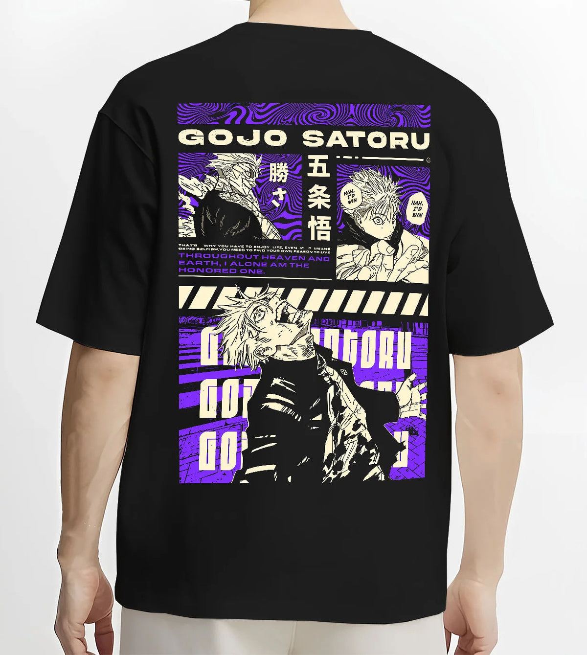 Black T-shirt model back view showing Satoru Gojo from Jujutsu Kaisen: purple manga poster