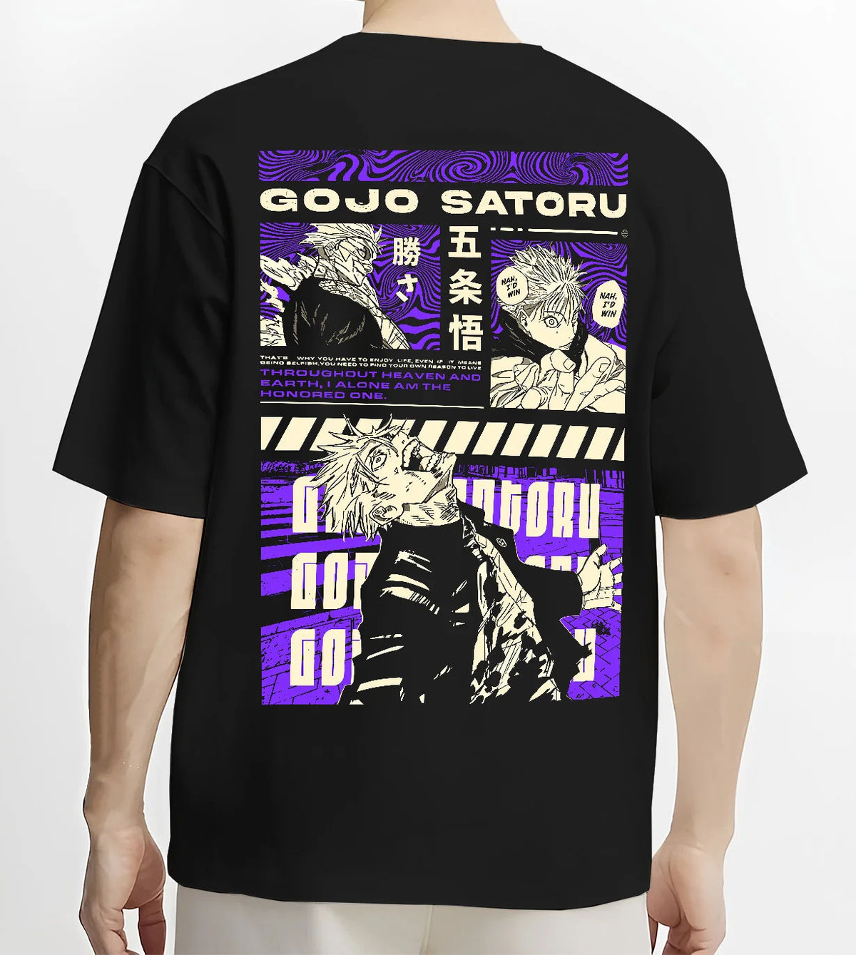 Black T-shirt model back view showing Satoru Gojo from Jujutsu Kaisen: purple manga poster