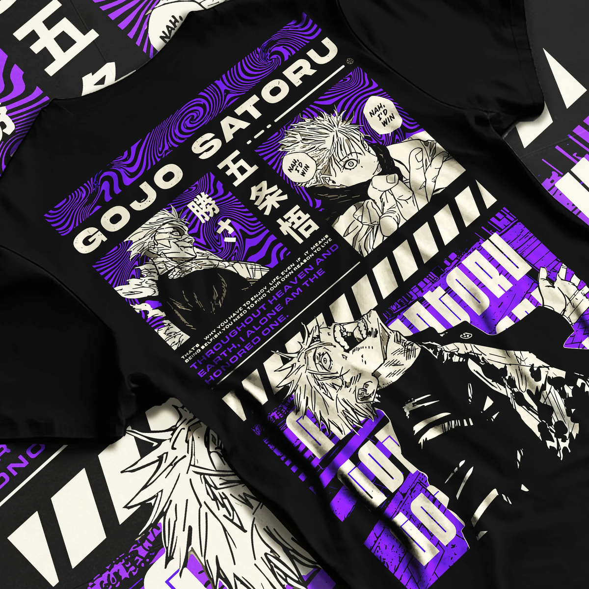 Black T-shirt flat back view showing Satoru Gojo from Jujutsu Kaisen: purple manga poster