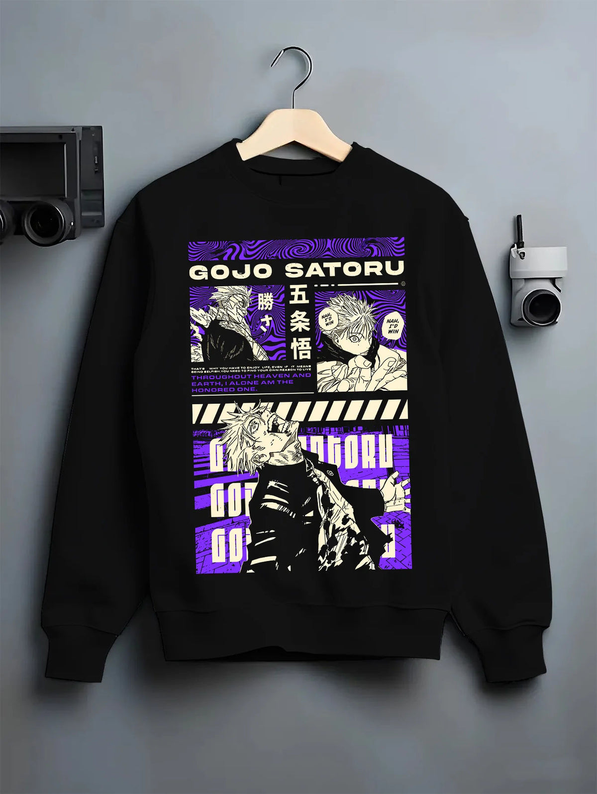 Black crewneck sweatshirt on hanger showing Satoru Gojo from Jujutsu Kaisen: purple manga poster