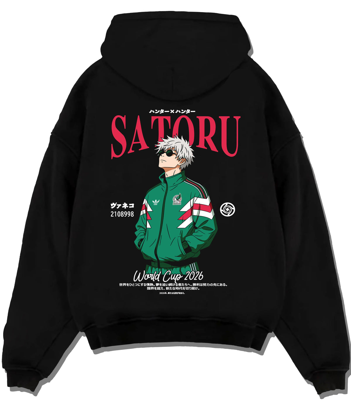 Black hoodie flat back view showing Satoru Gojo from Jujutsu Kaisen: green football track jacket