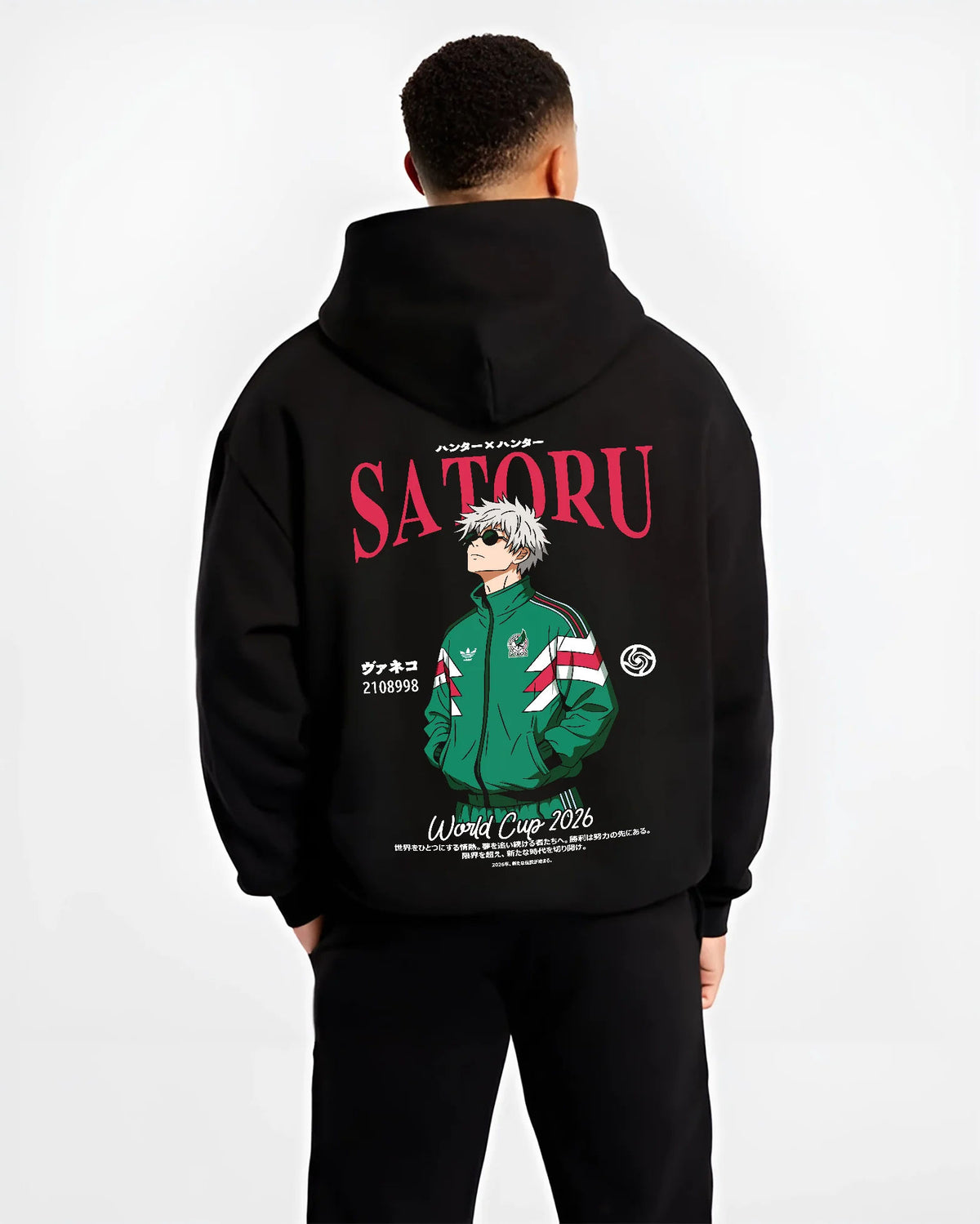 Black hoodie model back view showing Satoru Gojo from Jujutsu Kaisen: green football track jacket
