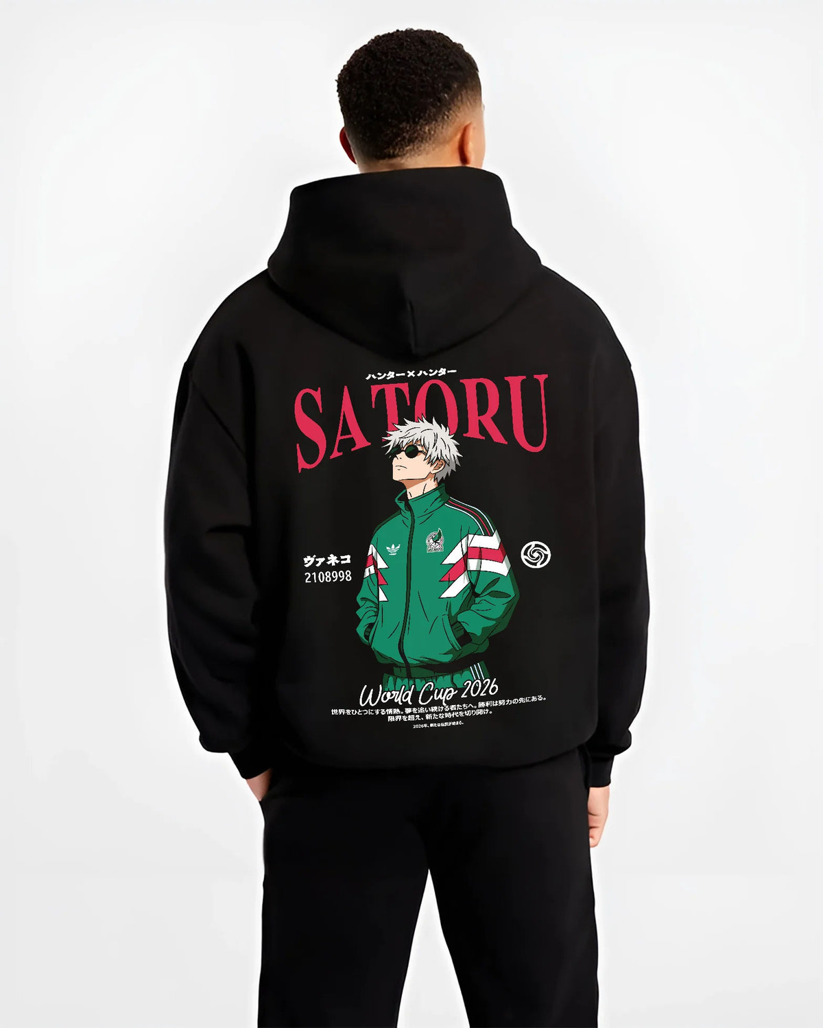 Black hoodie model back view showing Satoru Gojo from Jujutsu Kaisen: green football track jacket