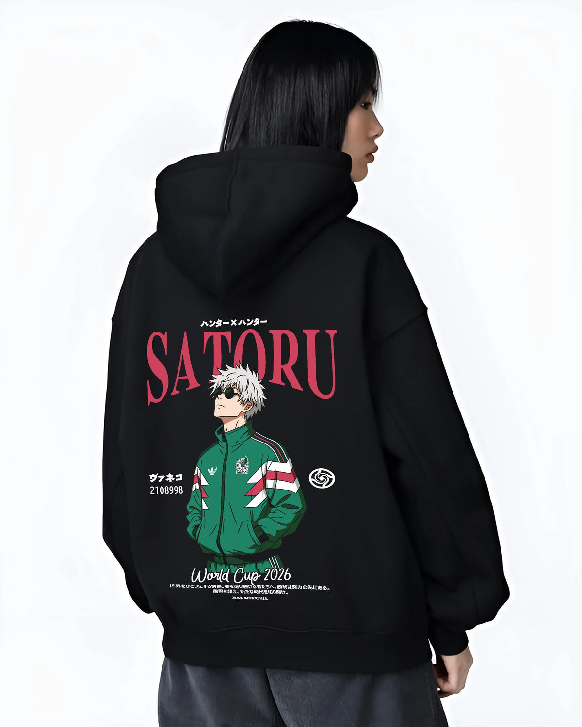 Black hoodie female model back view showing Satoru Gojo from Jujutsu Kaisen: green football track jacket