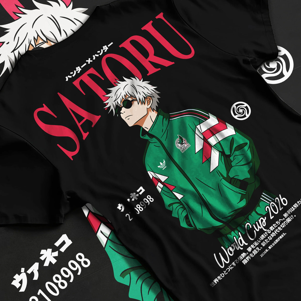 Black T-shirt flat back view showing Satoru Gojo from Jujutsu Kaisen: green football track jacket