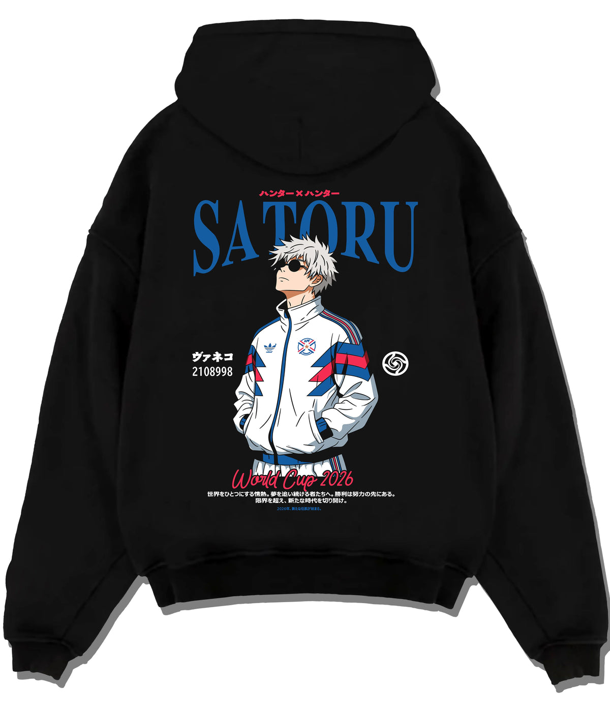 Black hoodie flat back view showing Satoru Gojo from Jujutsu Kaisen: white football track jacket