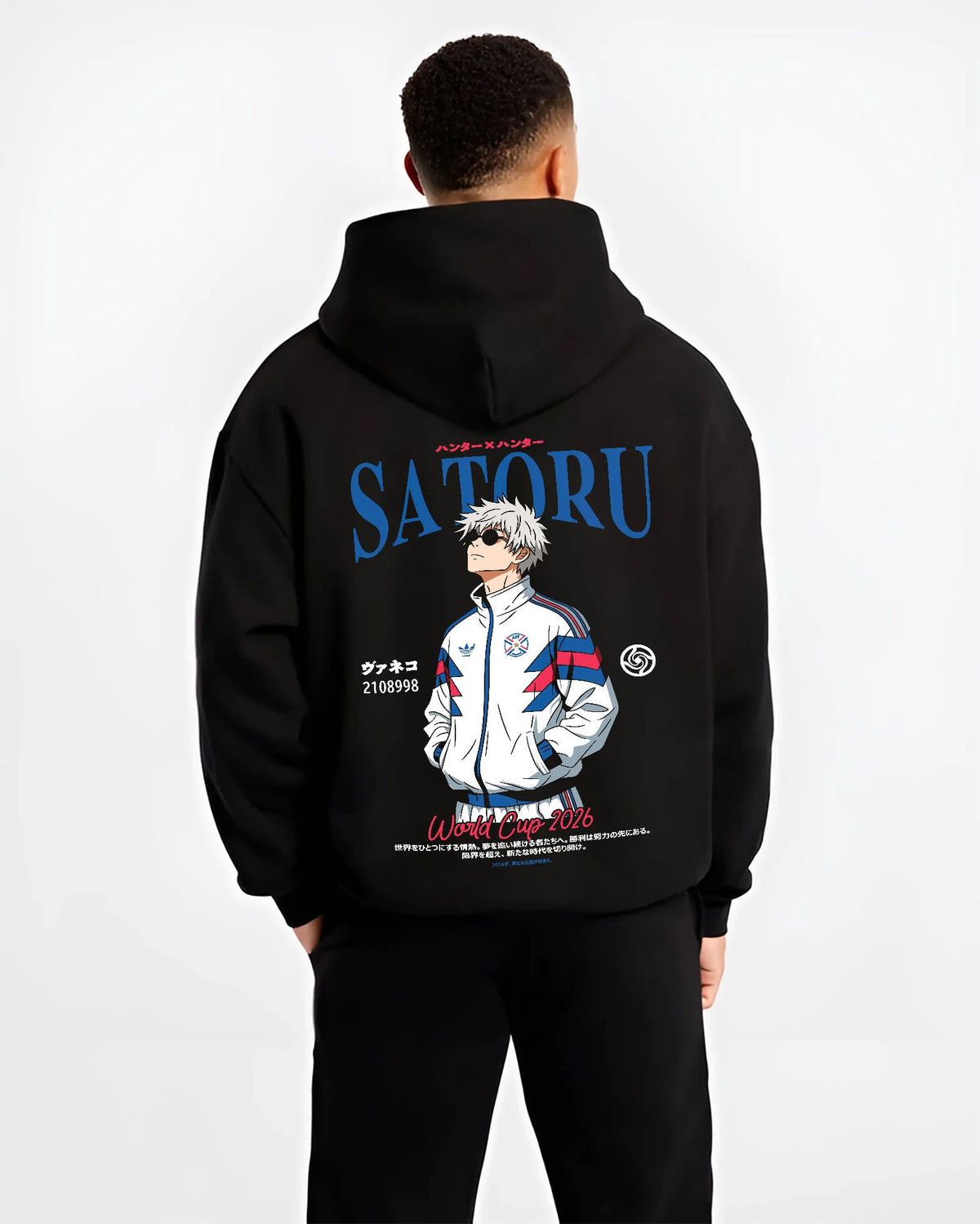 Black hoodie model back view showing Satoru Gojo from Jujutsu Kaisen: white football track jacket