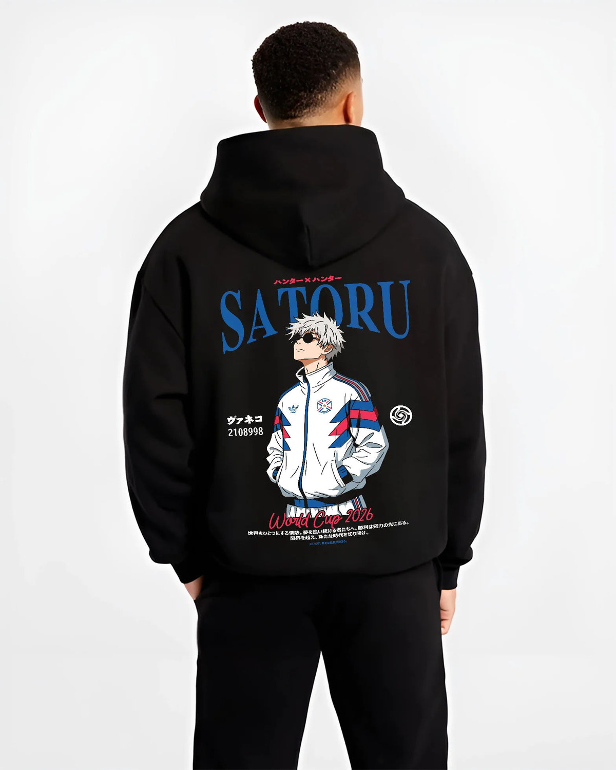 Black hoodie model back view showing Satoru Gojo from Jujutsu Kaisen: white football track jacket