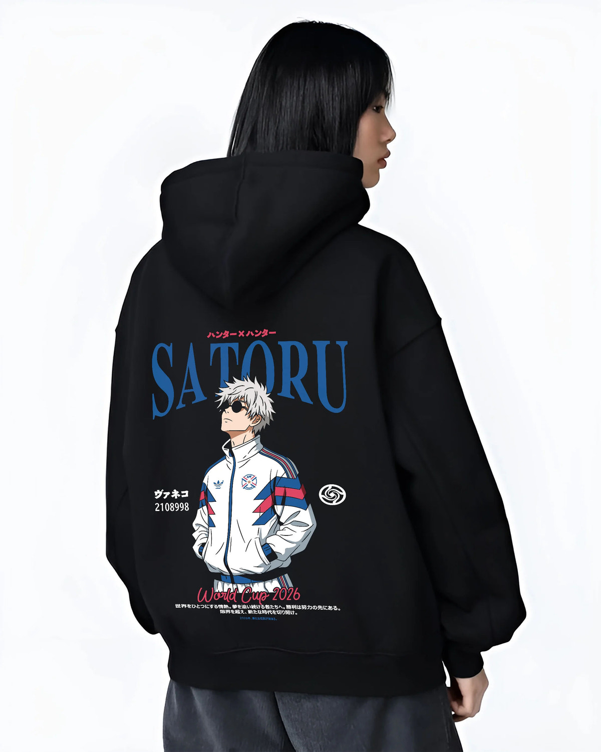 Black hoodie female model back view showing Satoru Gojo from Jujutsu Kaisen: white football track jacket
