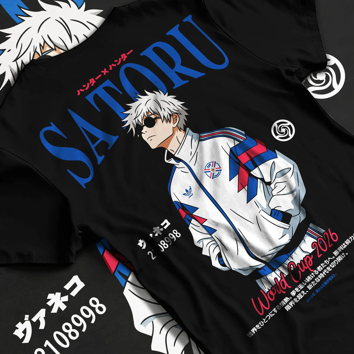 Black T-shirt flat back view showing Satoru Gojo from Jujutsu Kaisen: white football track jacket