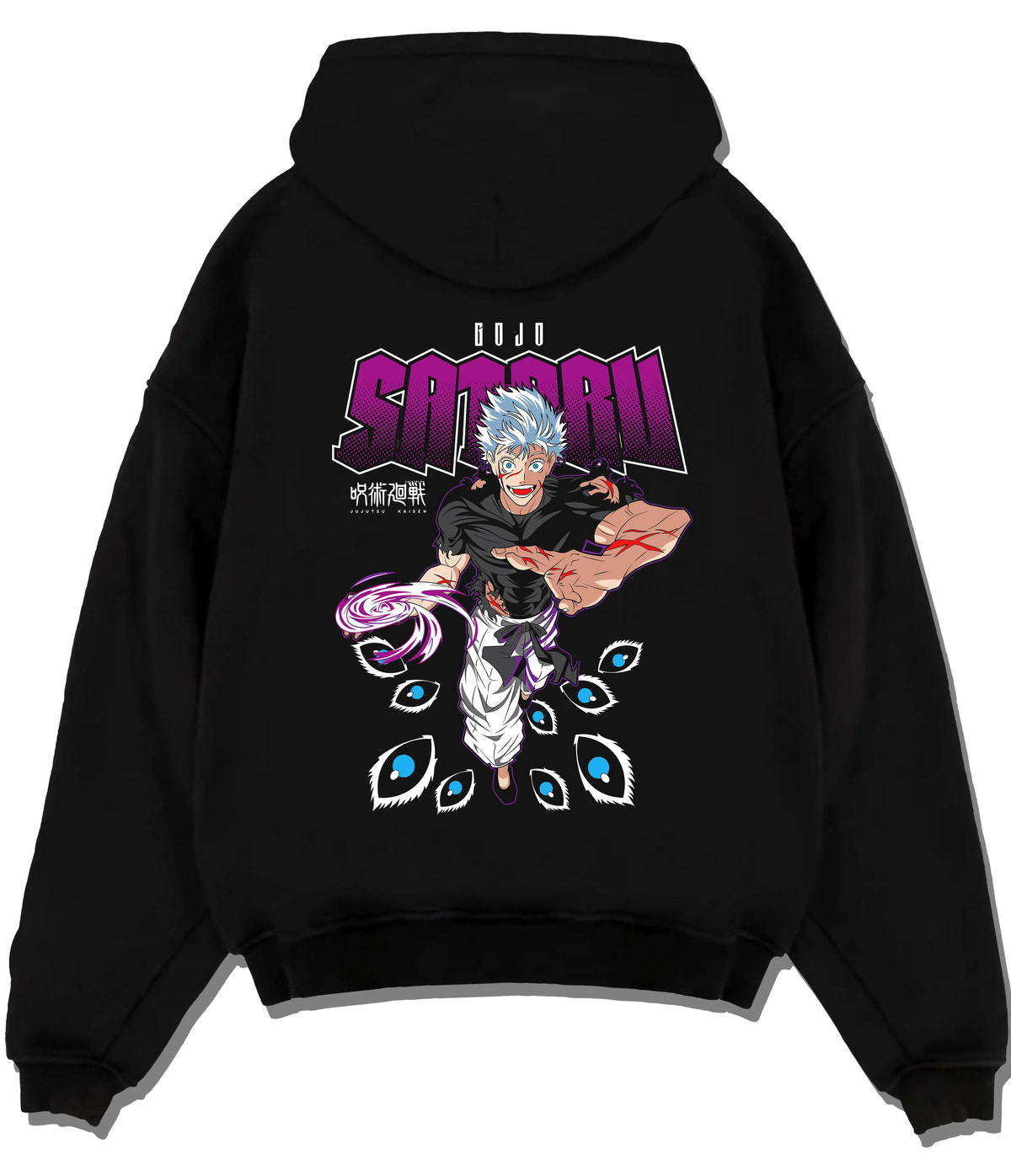 Black hoodie flat back view showing Satoru Gojo from Jujutsu Kaisen: Six Eyes manga/anime collage