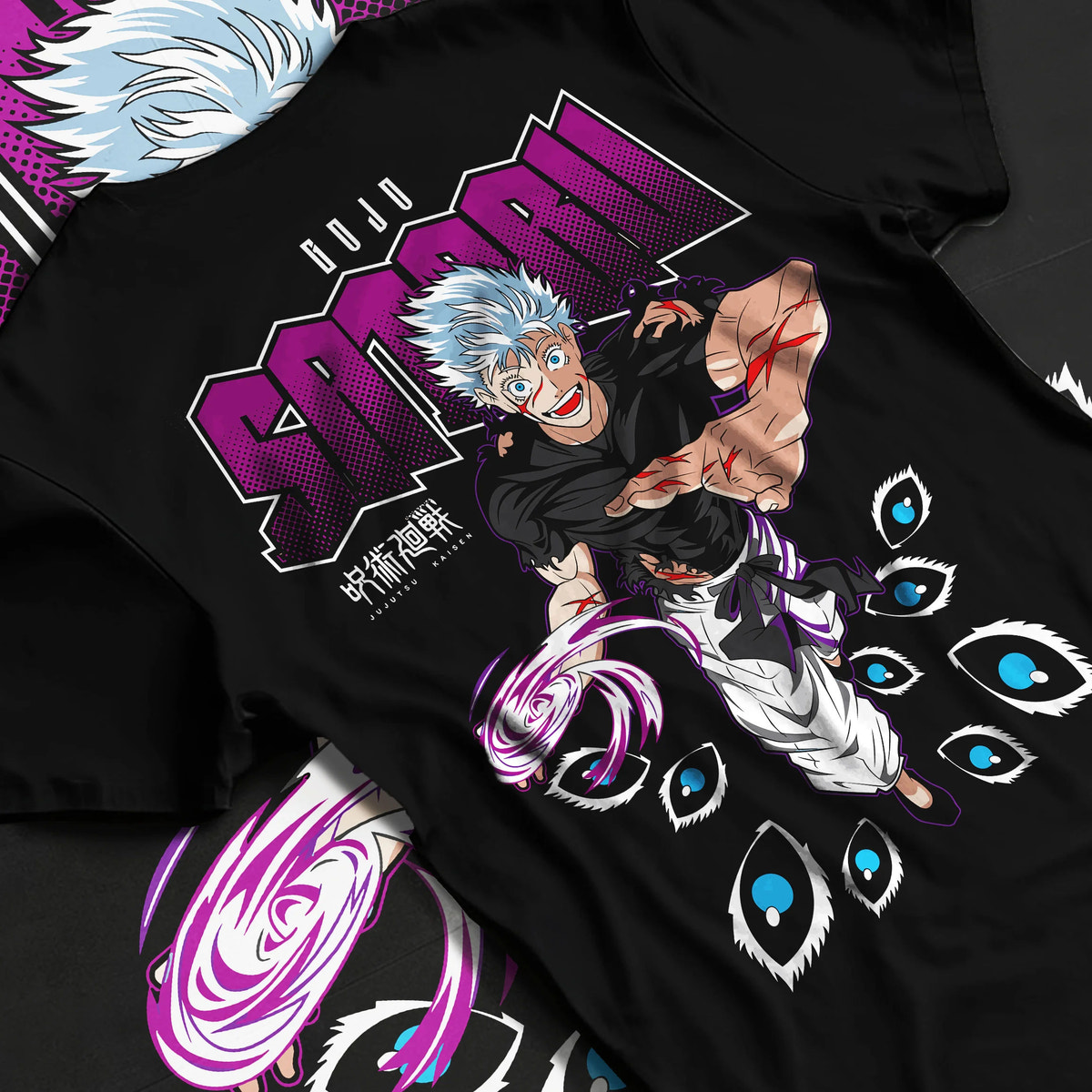 Black T-shirt flat back view showing Satoru Gojo from Jujutsu Kaisen: Six Eyes manga/anime collage