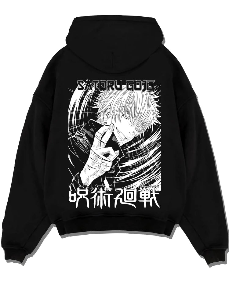 Black pullover hoodie laid flat with Jujutsu Kaisen Hoodie Satoru Gojo Cool Pose Jumper graphic streetwear graphic.