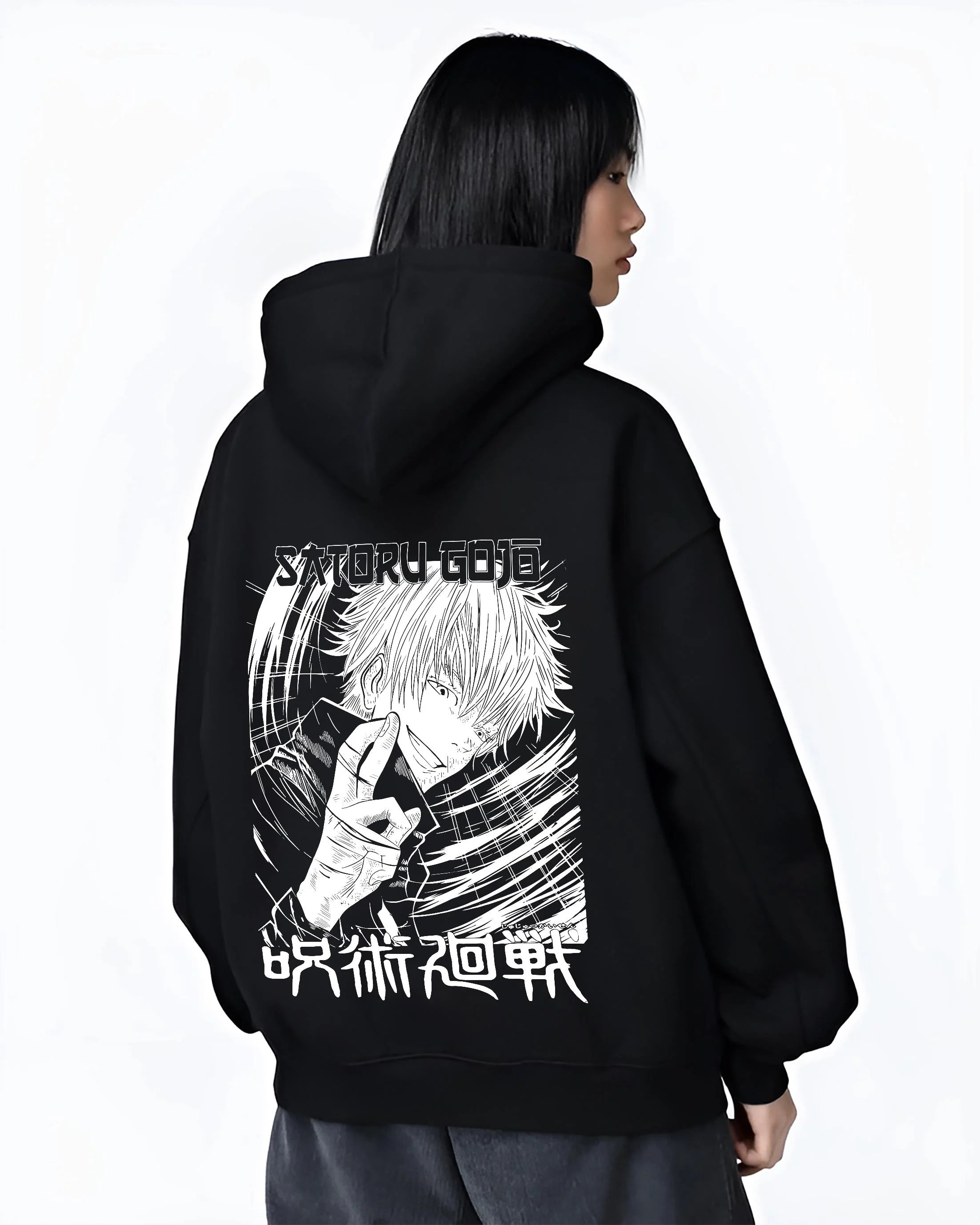 Black hoodie worn by female model, back view with Jujutsu Kaisen Hoodie Satoru Gojo Cool Pose Jumper graphic premium wear.