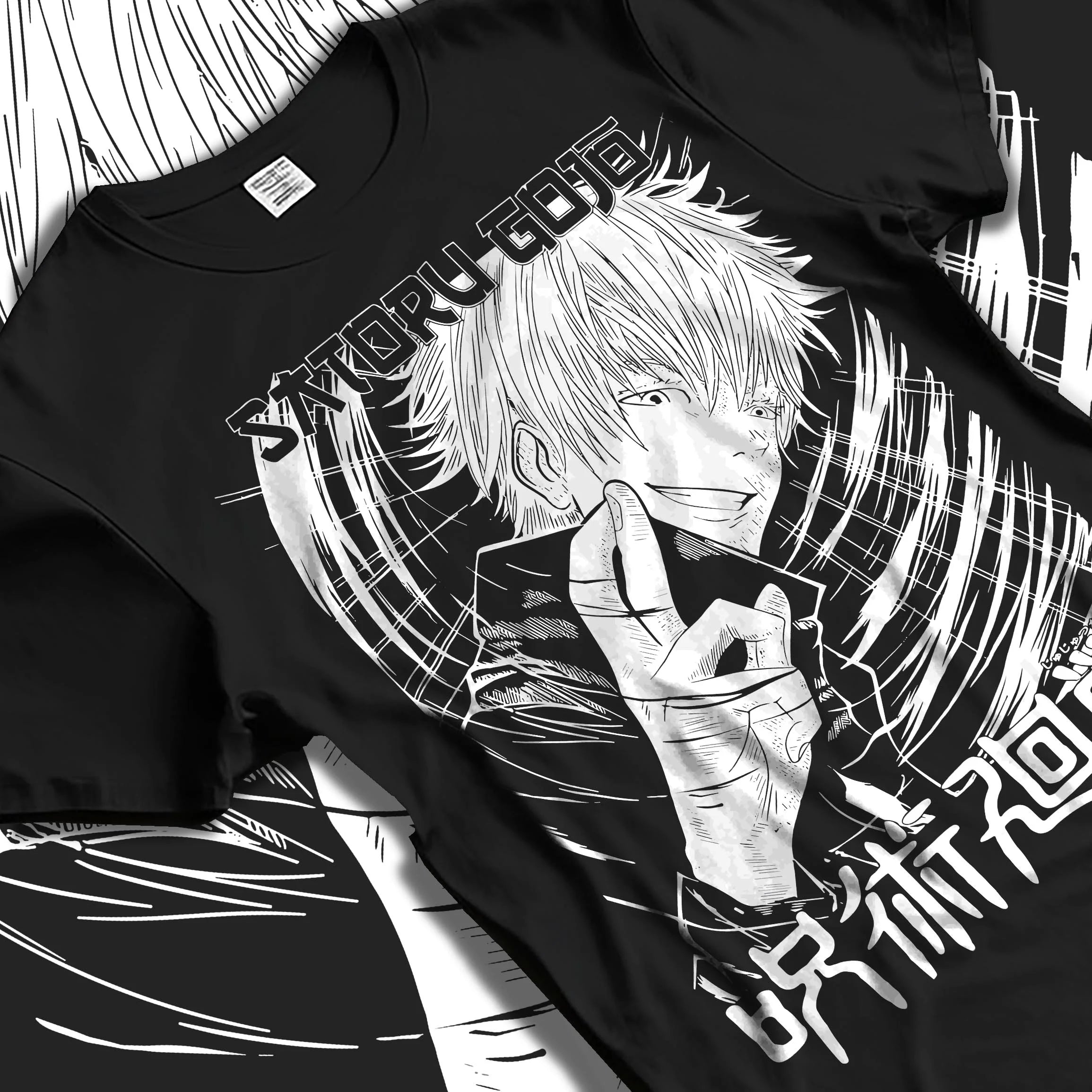 Black T-shirt laid flat with natural folds with Jujutsu Kaisen Hoodie Satoru Gojo Cool Pose Jumper graphic bold anime graphic.