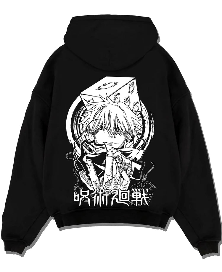 Black pullover hoodie laid flat with Jujutsu Kaisen Hoodie Satoru Gojo Valiant Stance Jumper graphic premium wear.