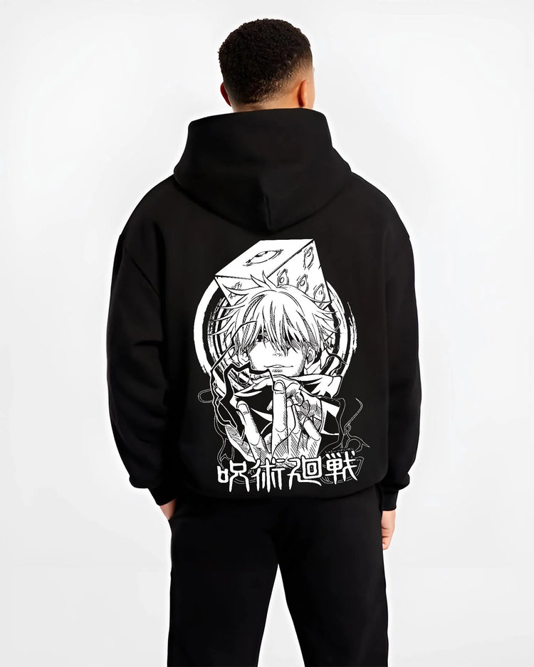 Black hoodie worn by male model, back view with Jujutsu Kaisen Hoodie Satoru Gojo Valiant Stance Jumper graphic bold anime graphic.