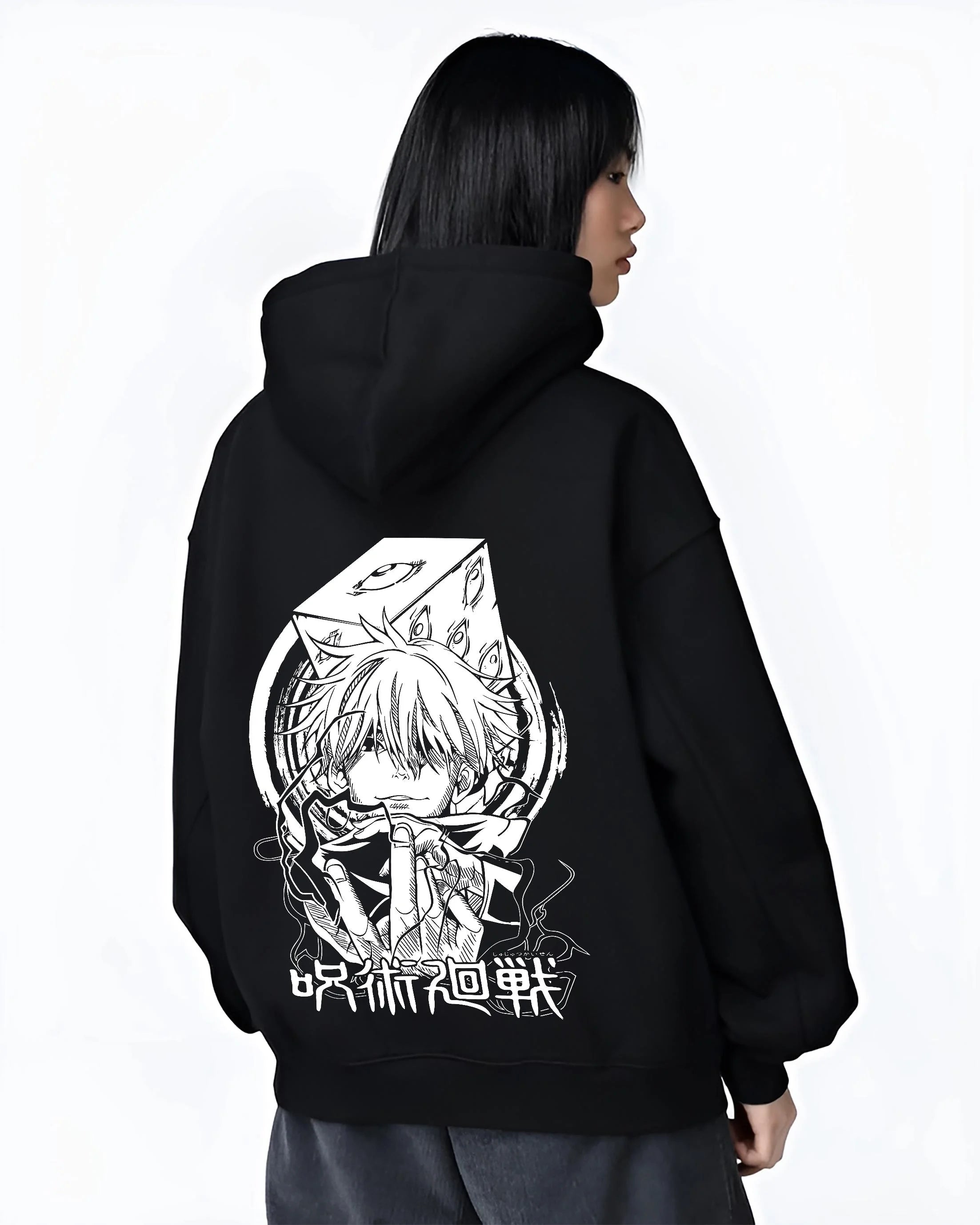 Black hoodie worn by female model, back view with Jujutsu Kaisen Hoodie Satoru Gojo Valiant Stance Jumper graphic bold anime graphic.