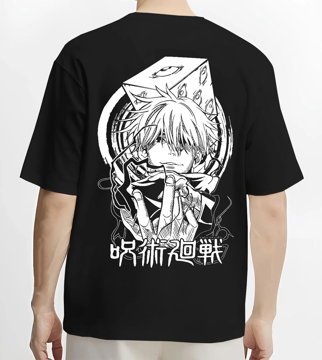 Black T-shirt worn by male model, back view with Jujutsu Kaisen Hoodie Satoru Gojo Valiant Stance Jumper graphic premium wear.