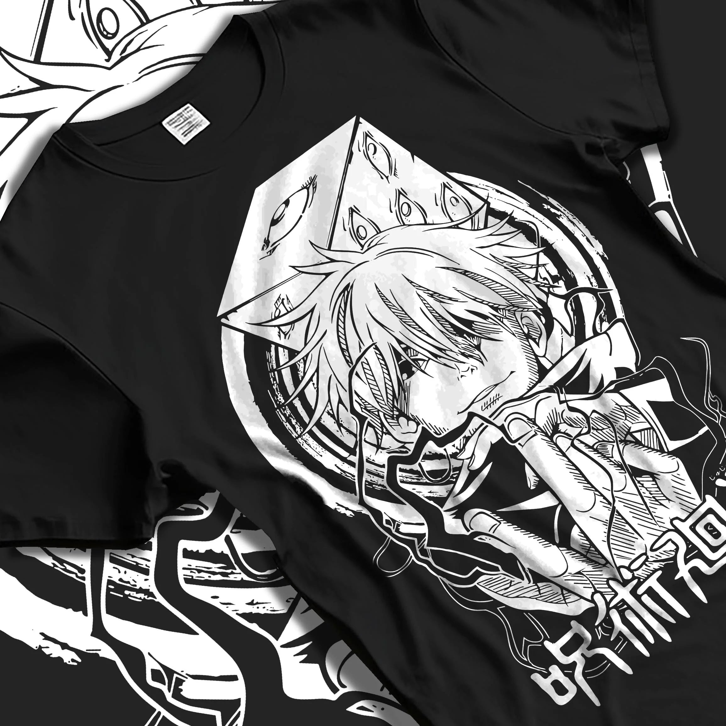 Black T-shirt laid flat with natural folds with Jujutsu Kaisen Hoodie Satoru Gojo Valiant Stance Jumper graphic streetwear graphic.