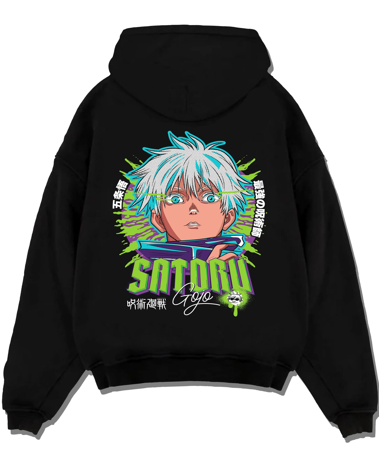 Black pullover hoodie laid flat with Jujutsu Kaisen Hoodie Satoru Gojo Green Aura Jumper graphic premium wear.