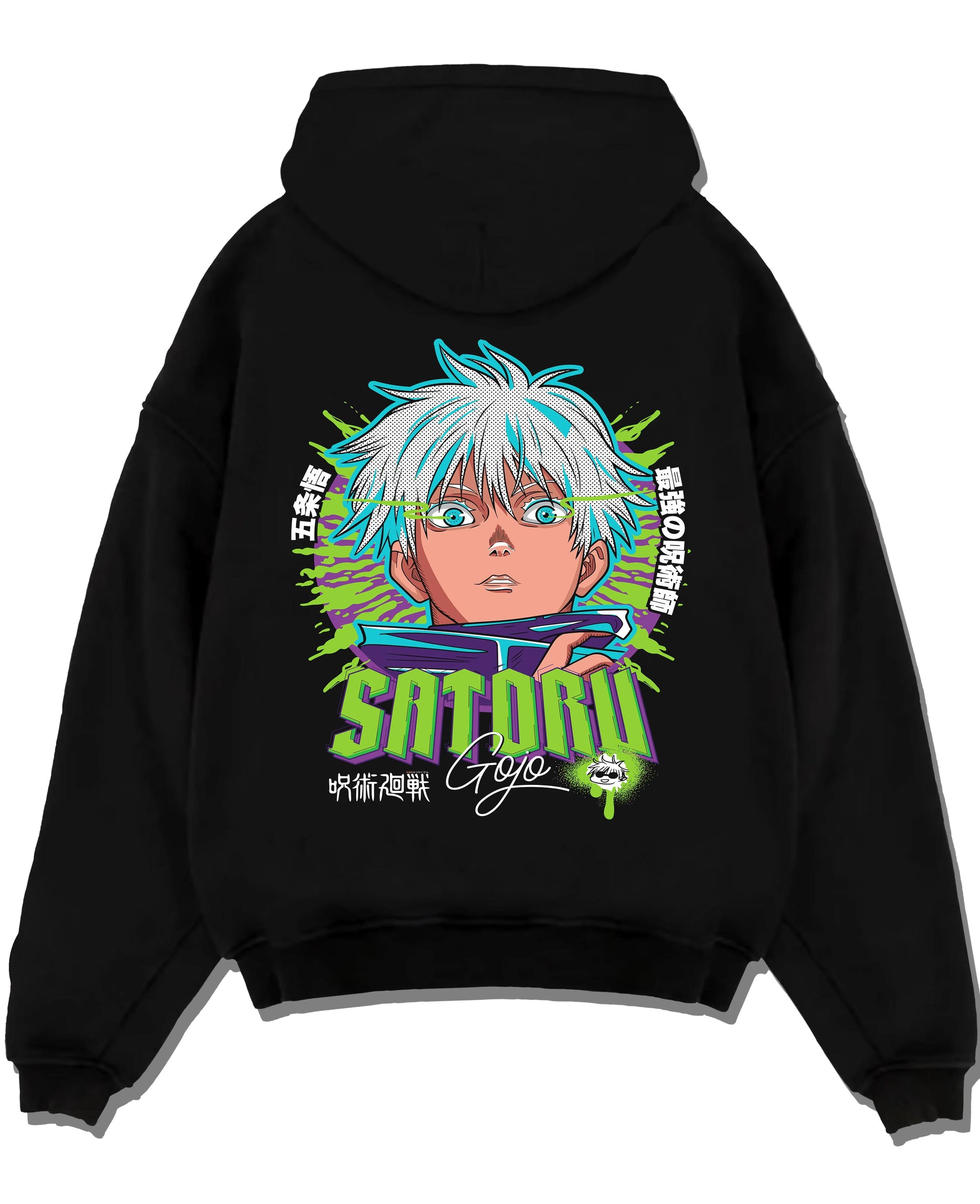Black pullover hoodie laid flat with Jujutsu Kaisen Hoodie Satoru Gojo Green Aura Jumper graphic premium wear.