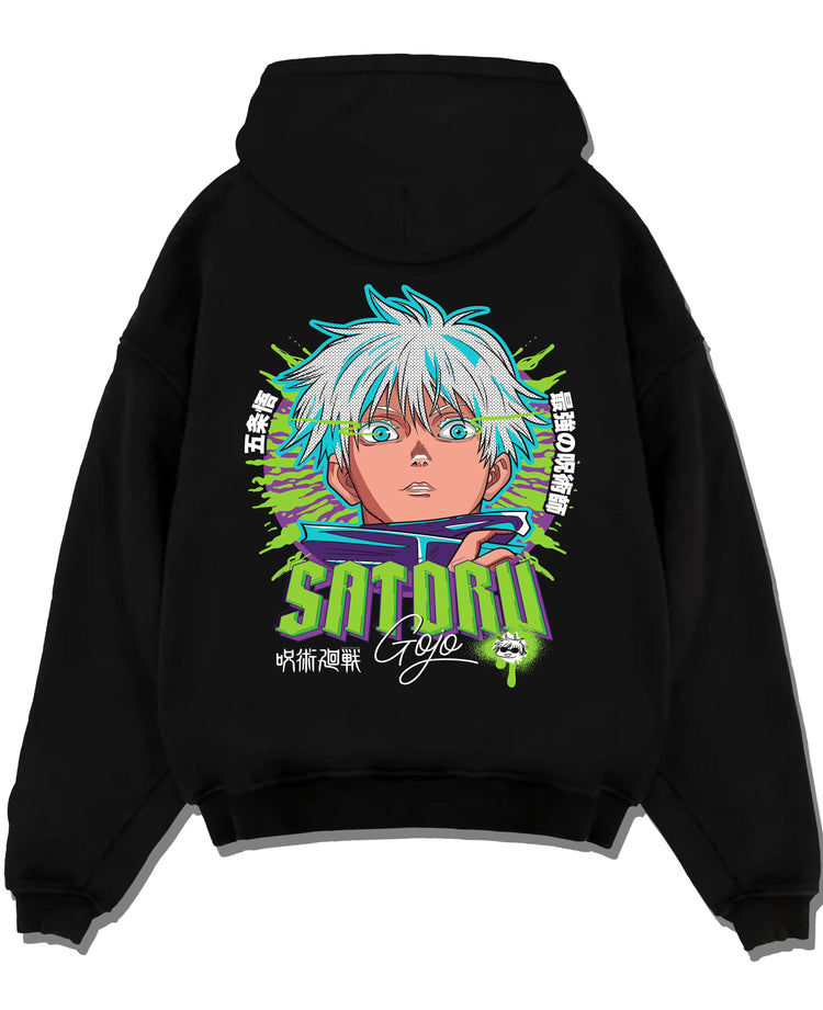 Black pullover hoodie laid flat with Jujutsu Kaisen Hoodie Satoru Gojo Green Aura Jumper graphic premium wear.
