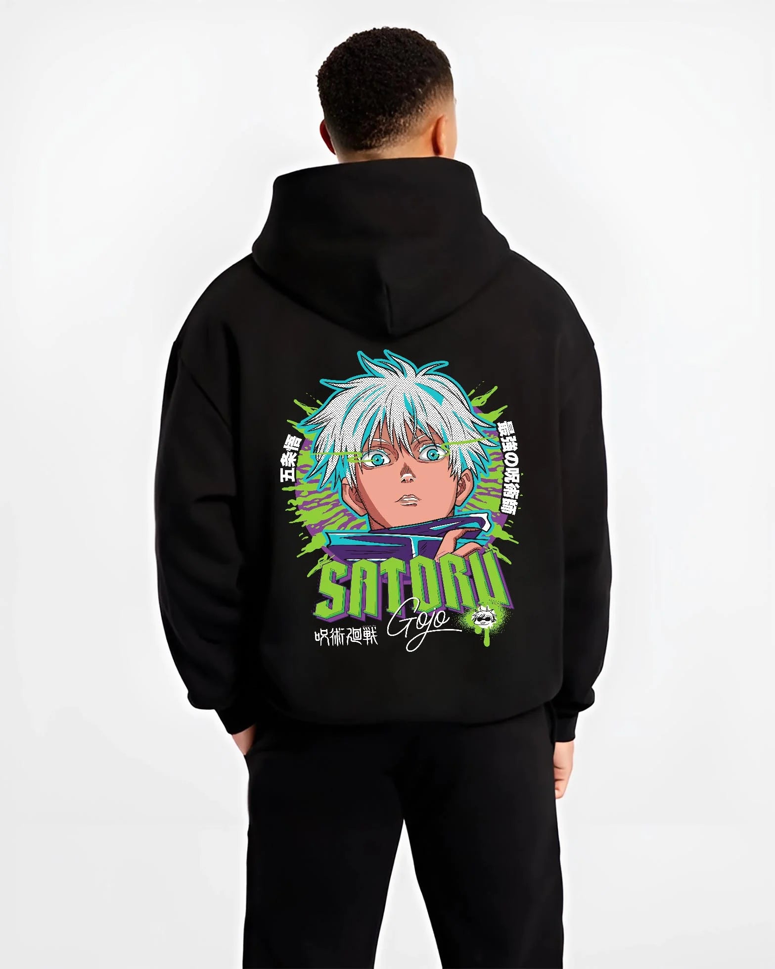 Black hoodie worn by male model, back view with Jujutsu Kaisen Hoodie Satoru Gojo Green Aura Jumper graphic streetwear graphic.